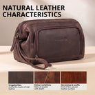 Toiletry bag Henry in zamora brown leather, side/front view with wrist strap, embossed STILORD logo and leather texture swatches