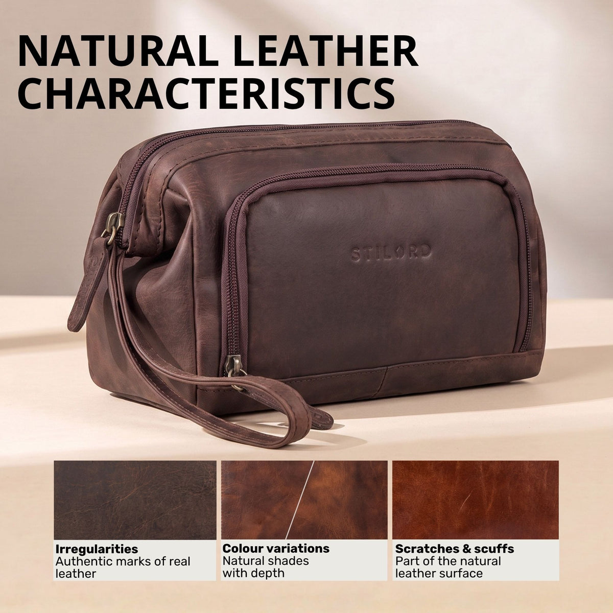 Toiletry bag Henry in zamora brown leather, side/front view with wrist strap, embossed STILORD logo and leather texture swatches