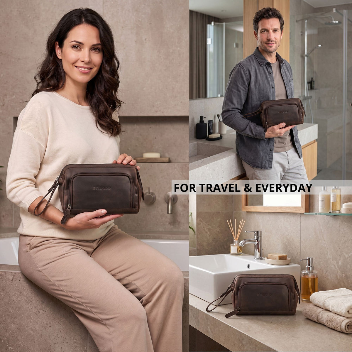 Leather toiletry bag in zamora brown, front detail with STILORD embossing, held by models in a bathroom