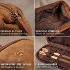 Tan genuine cowhide toiletry bag, close-up of STILORD leather zipper pull, water-repellent surface and roomy interior with toothbrush holders