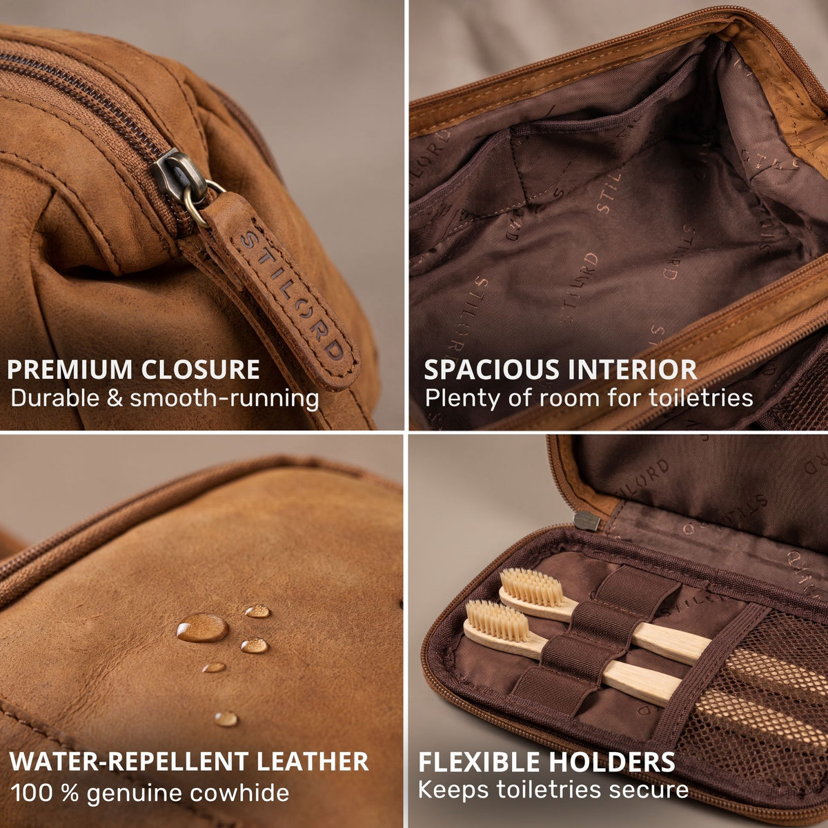 Tan genuine cowhide toiletry bag, close-up of STILORD leather zipper pull, water-repellent surface and roomy interior with toothbrush holders