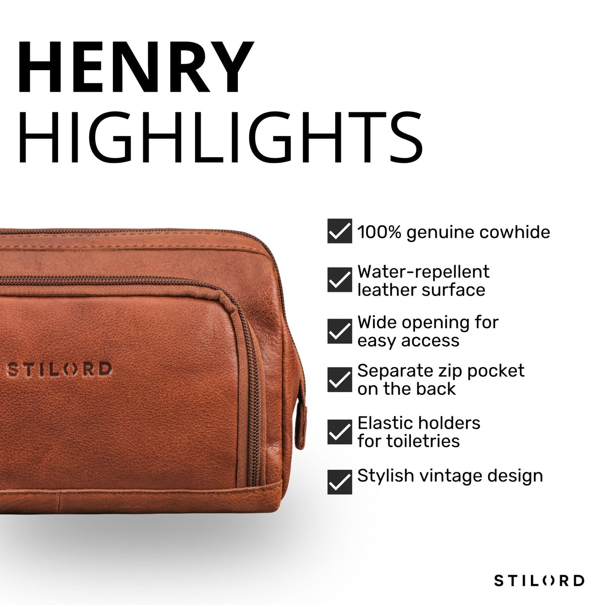 Brown leather Henry toiletry bag, front pocket and zipper close-up with visible STILORD embossing