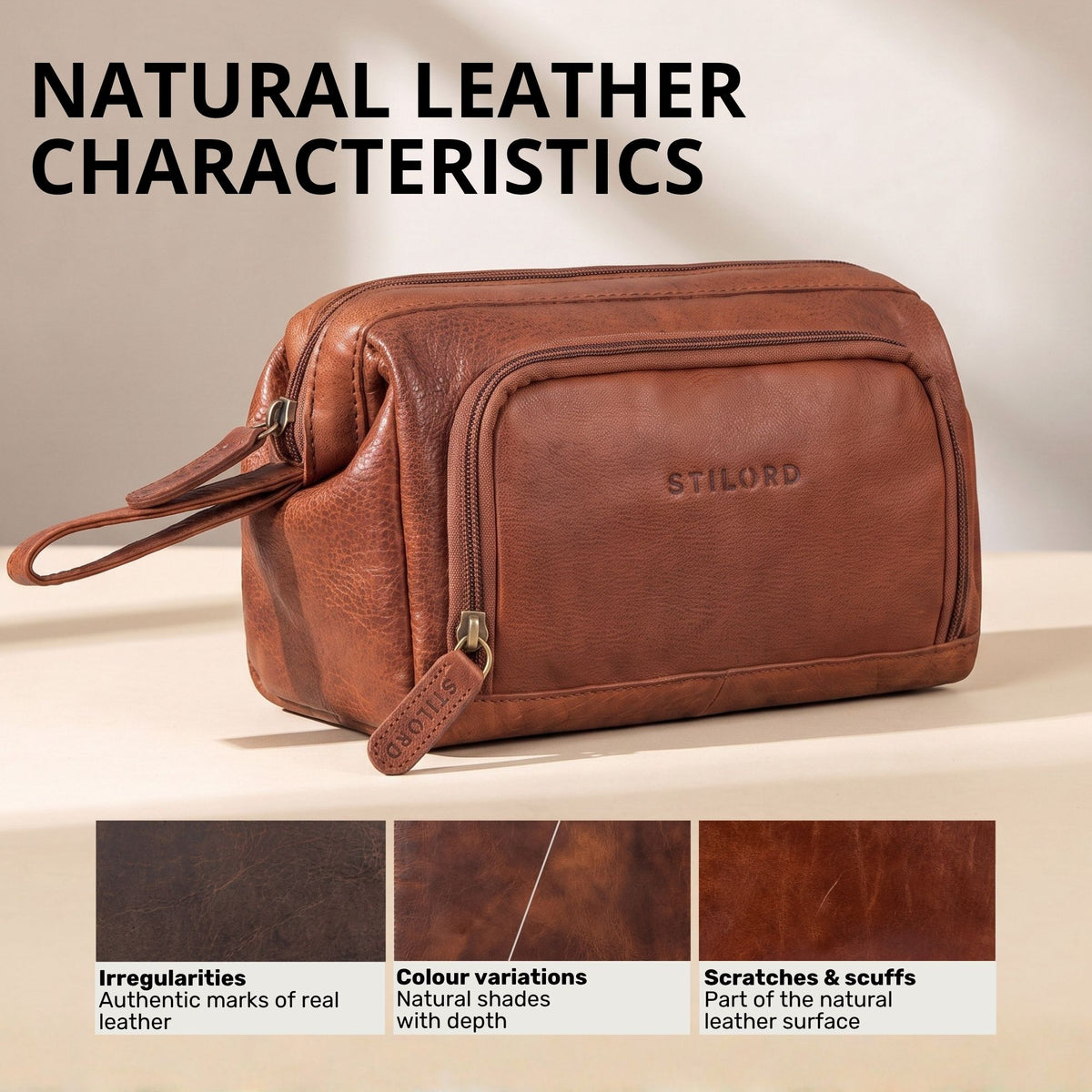 Leather toiletry bag in maraska brown, front-side view with wrist strap and STILORD embossing