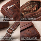 Four detail shots of flat leather crossbody bag salerno brown: seams, checkered lining, metal buckle, water drops on STILORD embossing
