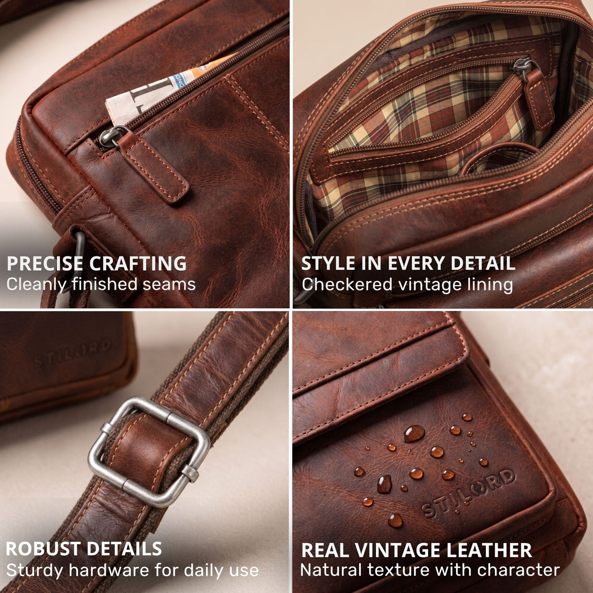 Four detail shots of flat leather crossbody bag salerno brown: seams, checkered lining, metal buckle, water drops on STILORD embossing