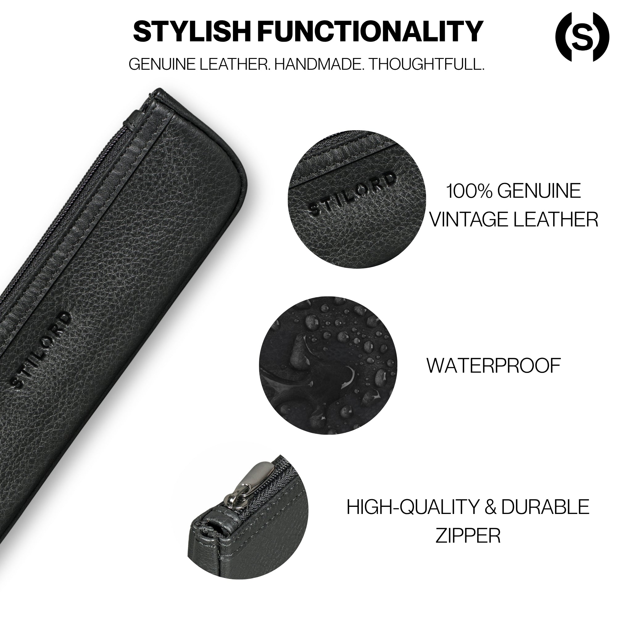 black genuine leather pen case slim black