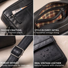 Small black leather crossbody bag, close-up of seams, checkered lining, strap buckle and water-resistant leather with embossed logo