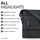 Flat black leather shoulder bag for 8-inch tablet, front detail with zip pockets and visible STILORD logo