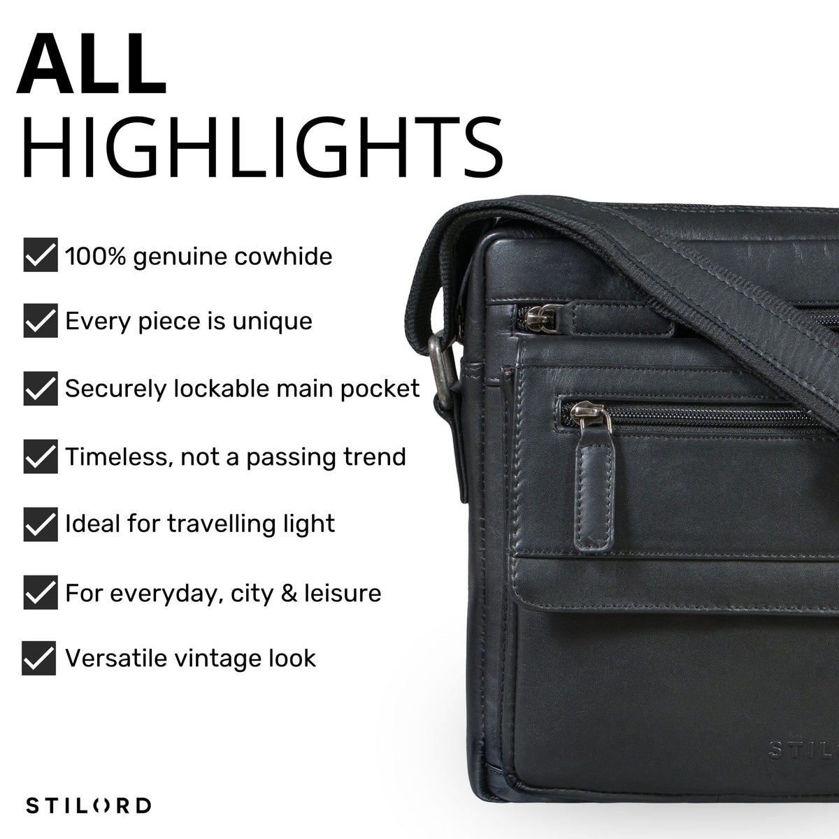 Flat black leather shoulder bag for 8-inch tablet, front detail with zip pockets and visible STILORD logo