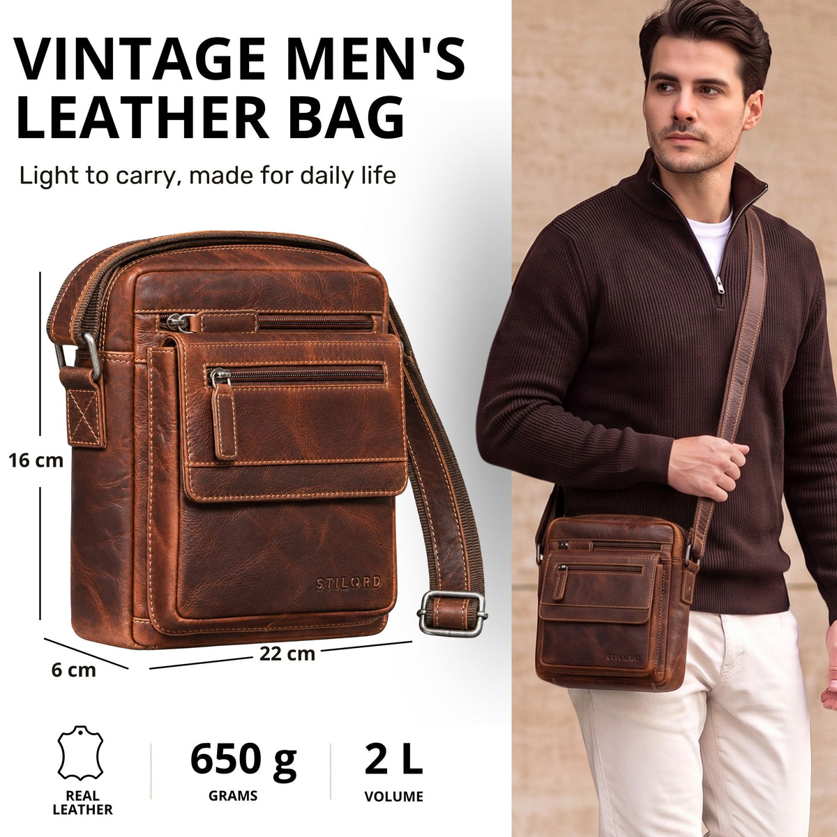 Flat men's leather crossbody bag Salerno brown, front detail and worn by model, fits 8-inch tablet