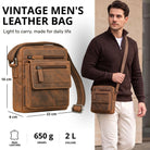 Small flat cowhide leather crossbody bag in Bergamo brown, landscape format, fits 8-inch tablet, shown worn by model