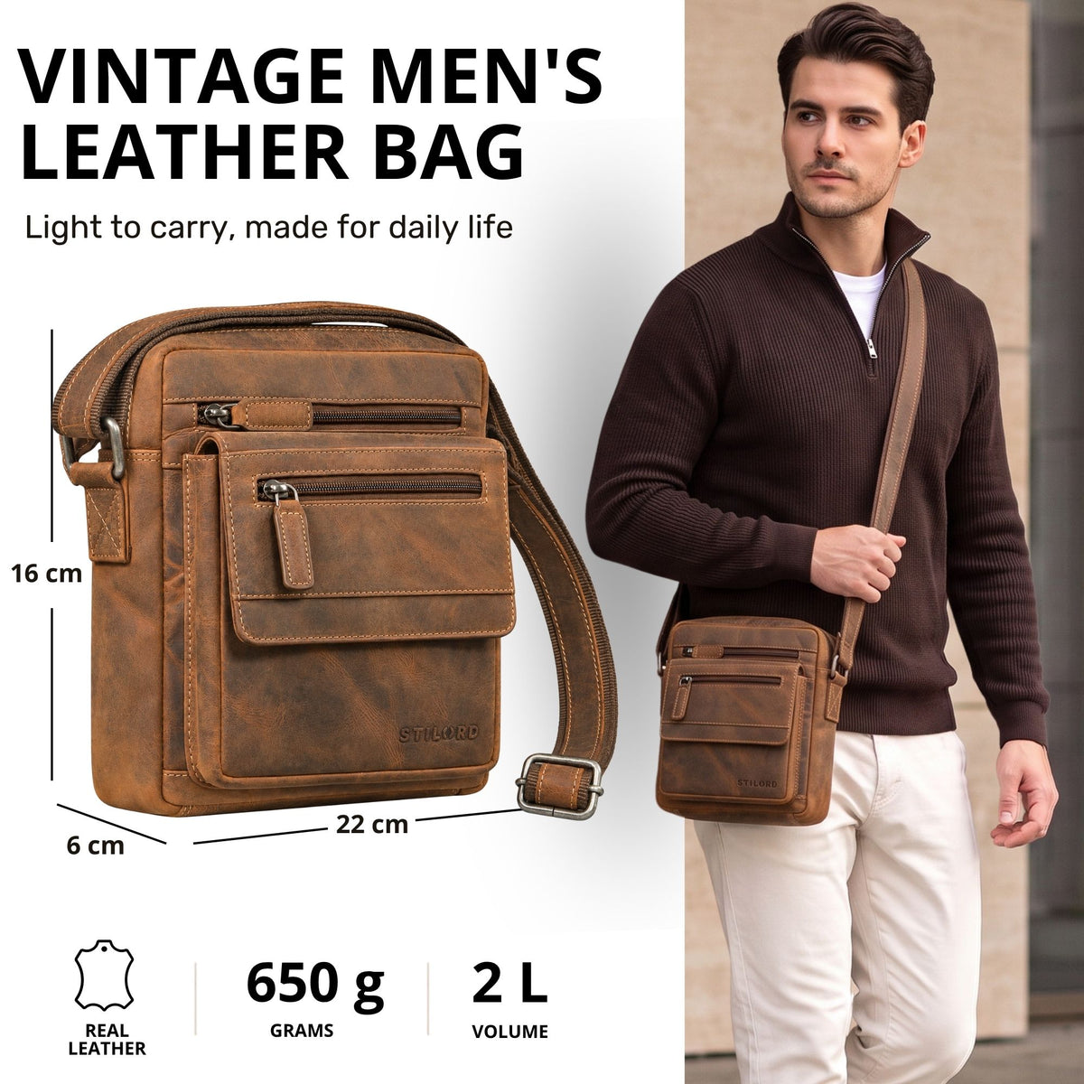 Small flat cowhide leather crossbody bag in Bergamo brown, landscape format, fits 8-inch tablet, shown worn by model