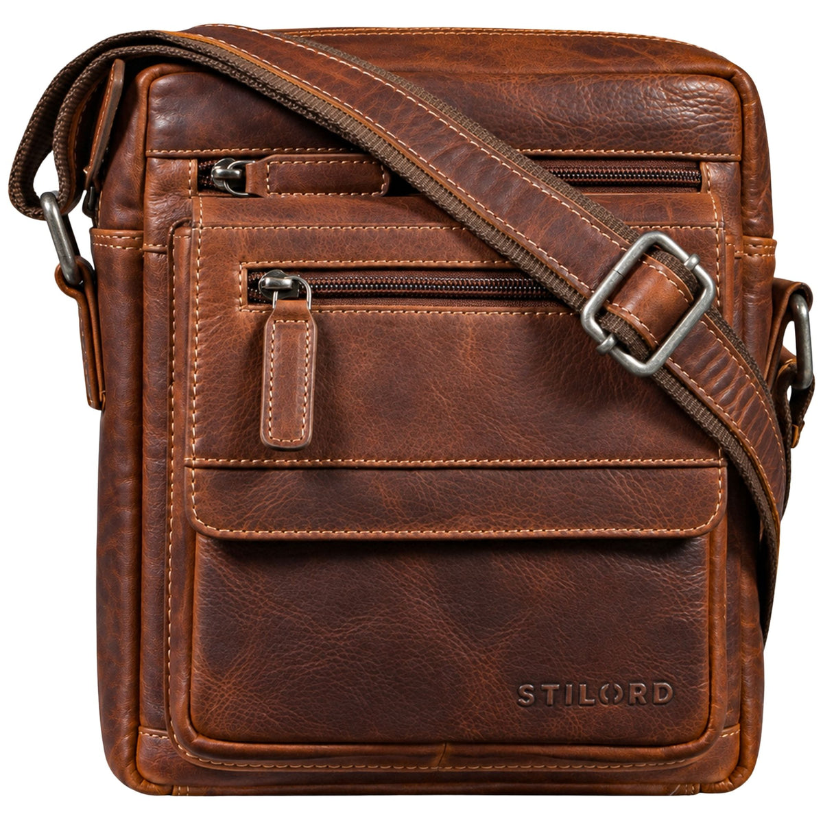 Flat men's leather shoulder bag in brown, front view with zip pockets and STILORD embossing, fits 8-inch tablet