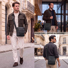 Black flat leather crossbody bag for 8-inch tablet, shown on men in urban and indoor perspectives