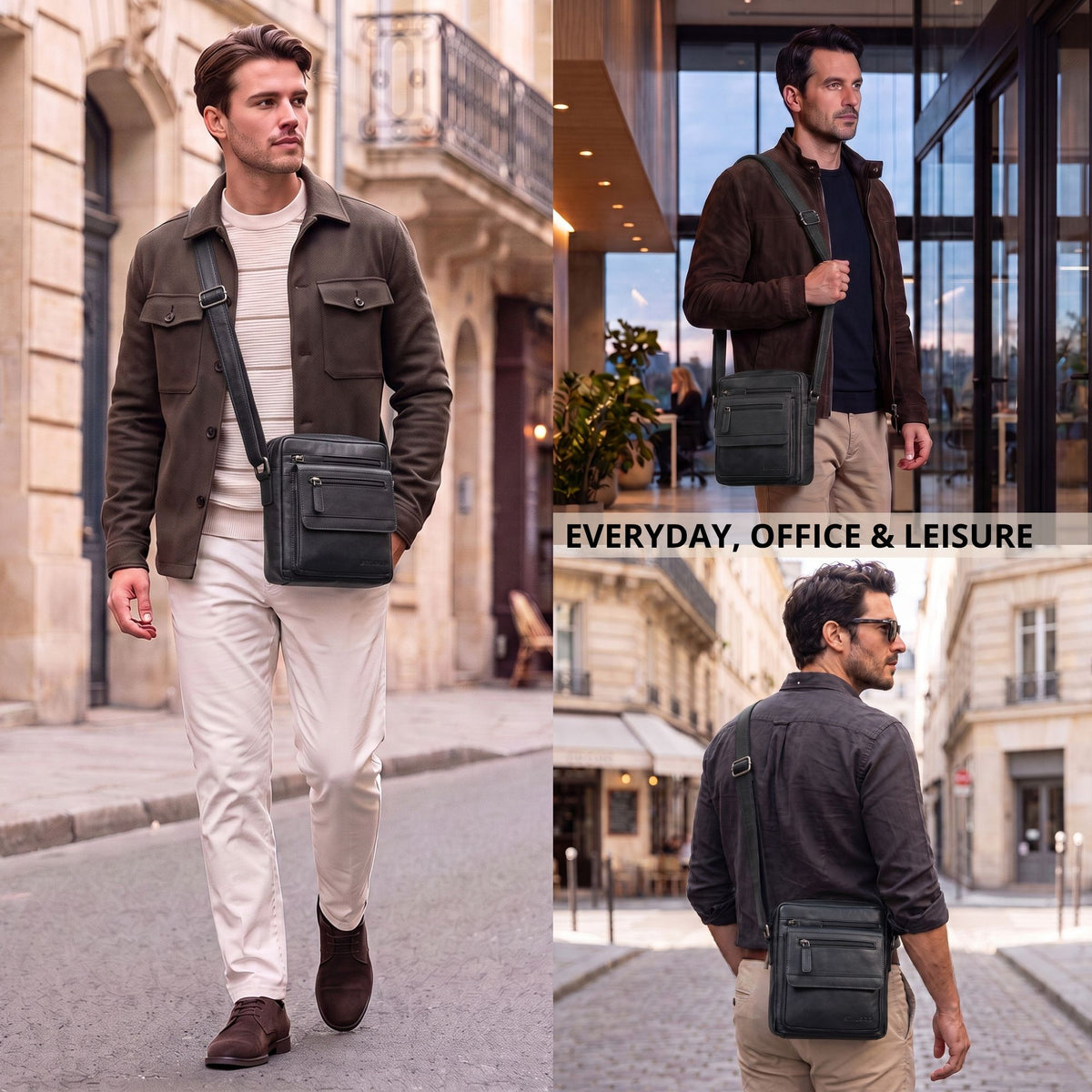 Black flat leather crossbody bag for 8-inch tablet, shown on men in urban and indoor perspectives