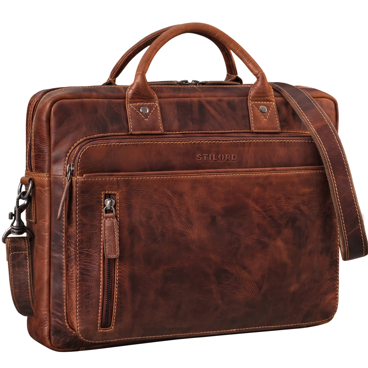 Leder Business-Tasche salerno braun mit Laptopfach 13-14 Zoll, Tragegriff, verstellbarer Schulterriemen und STILORD-Prägung