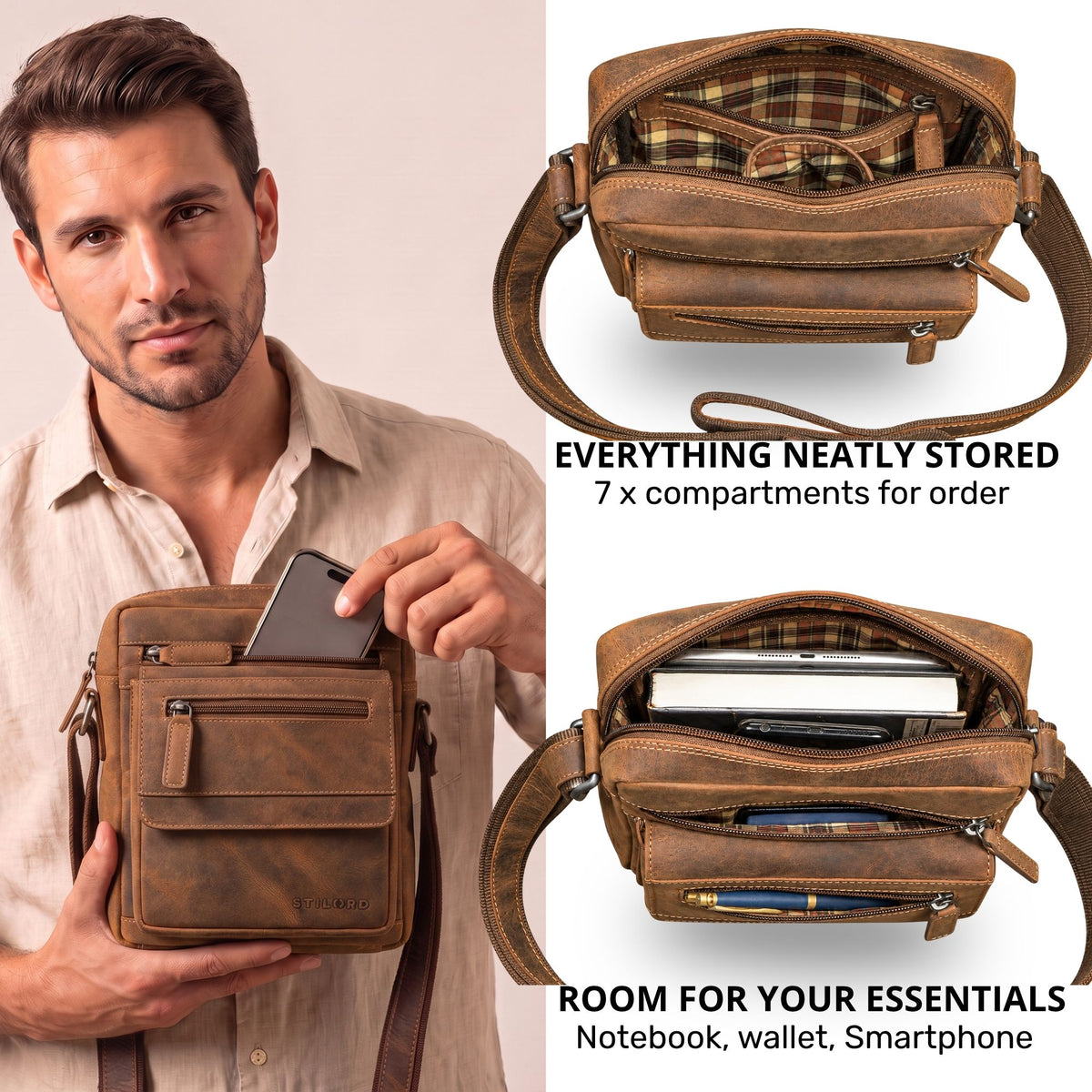 Flat men's leather shoulder bag in bergamo brown, open tablet compartment, man holding bag