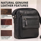 Flat black leather shoulder bag for men with front zip pockets and flap, fits 8-inch tablet, STILORD embossing