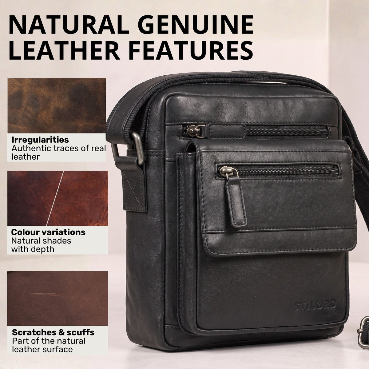 Flat black leather shoulder bag for men with front zip pockets and flap, fits 8-inch tablet, STILORD embossing