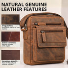 Flat leather shoulder bag in bergamo brown, front view with zip pockets and visible STILORD embossing