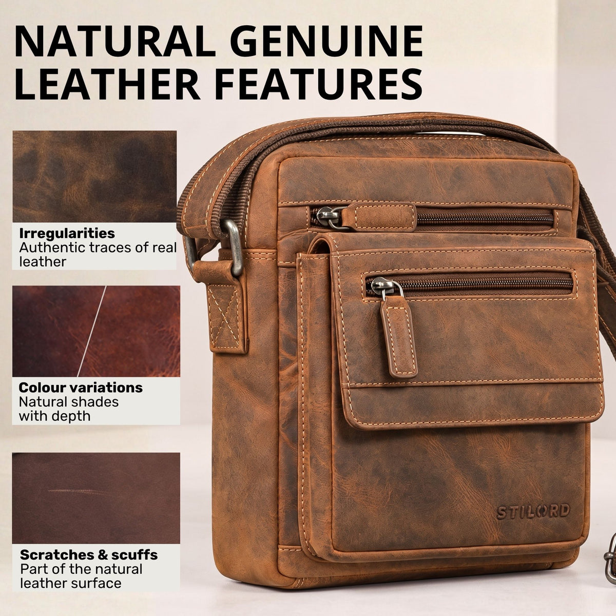 Flat leather shoulder bag in bergamo brown, front view with zip pockets and visible STILORD embossing