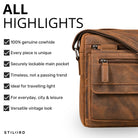 Flat men's leather shoulder bag in brown Bergamo cowhide, front zip pockets, strap visible, fits 8-inch tablet