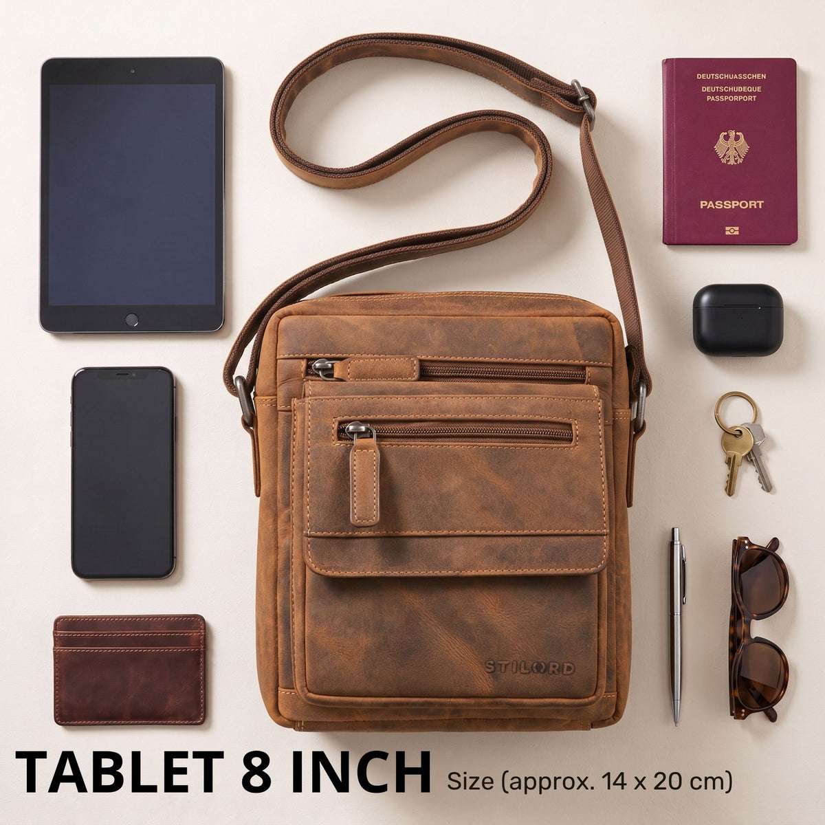 Flat men's leather shoulder bag in brown, front zip pockets and strap, fits 8-inch tablet, STILORD embossing