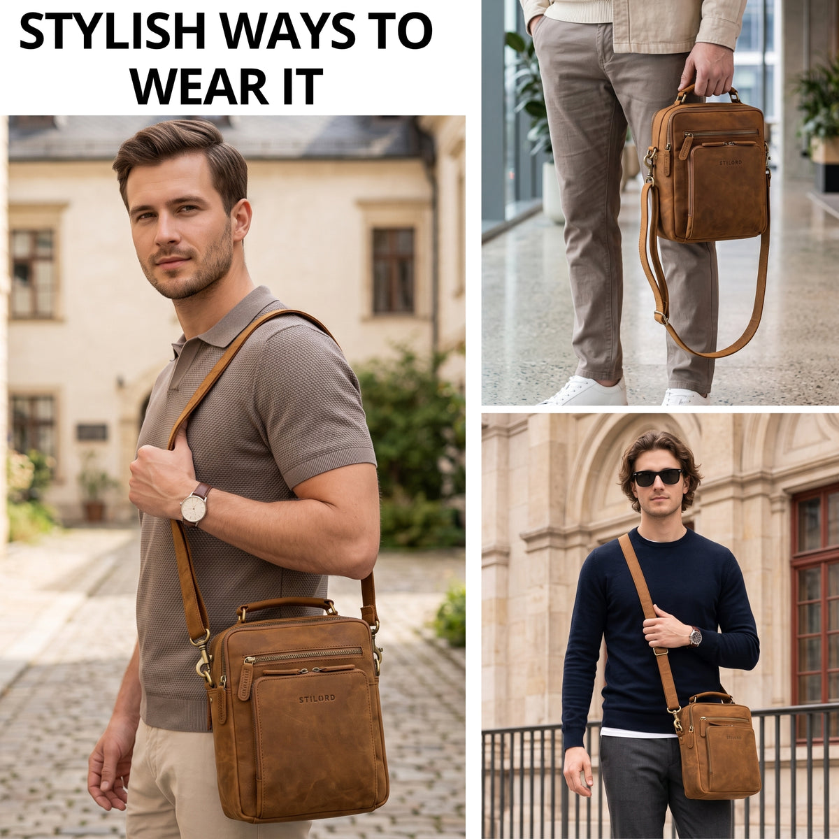 Small men's tan leather shoulder bag with top handle and adjustable strap, front zip pocket with visible STILORD embossing, worn in city