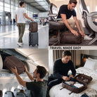 Dunkelbrauner Leder-Reiserucksack mit Trolley-Sleeve; Mann am Flughafen, im Flugzeug und geöffnet auf dem Bett.