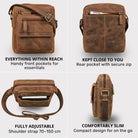 Small flat brown cowhide leather shoulder bag, front pockets, rear zip pocket, adjustable strap, fits 8-inch tablet