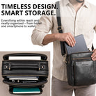 Small black leather crossbody bag with top handle, man sliding 10.1 inch tablet into main compartment, interior pockets and STILORD embossing visible