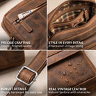 Four close-ups of small flat leather shoulder bag bergamo brown: front zip pocket, checkered lining, metal buckle strap, water drops on embossed STILORD leather