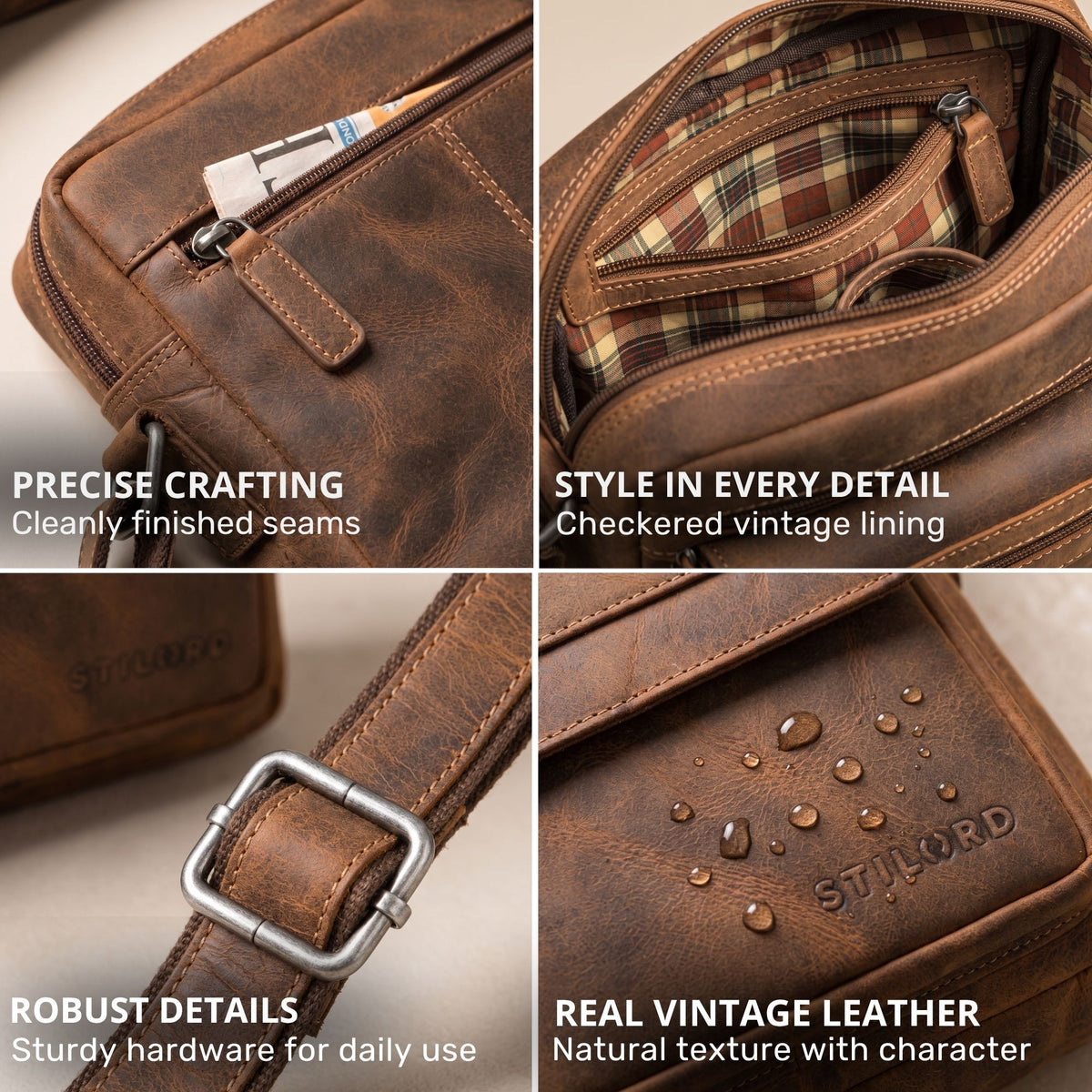 Four close-ups of small flat leather shoulder bag bergamo brown: front zip pocket, checkered lining, metal buckle strap, water drops on embossed STILORD leather