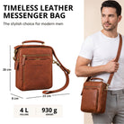 Small brown leather messenger bag with top handle and shoulder strap, front view, STILORD embossing, fits 10.1 inch tablet and A5