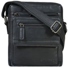 Small black leather crossbody bag, flat design for 8-inch tablet, front zip pockets, adjustable shoulder strap, STILORD embossing
