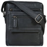 Small black leather crossbody bag, flat design for 8-inch tablet, front zip pockets, adjustable shoulder strap, STILORD embossing