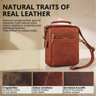 Small men's leather crossbody bag in maraska brown, front view with handle and shoulder strap, STILORD embossing, fits 10.1 inch tablet