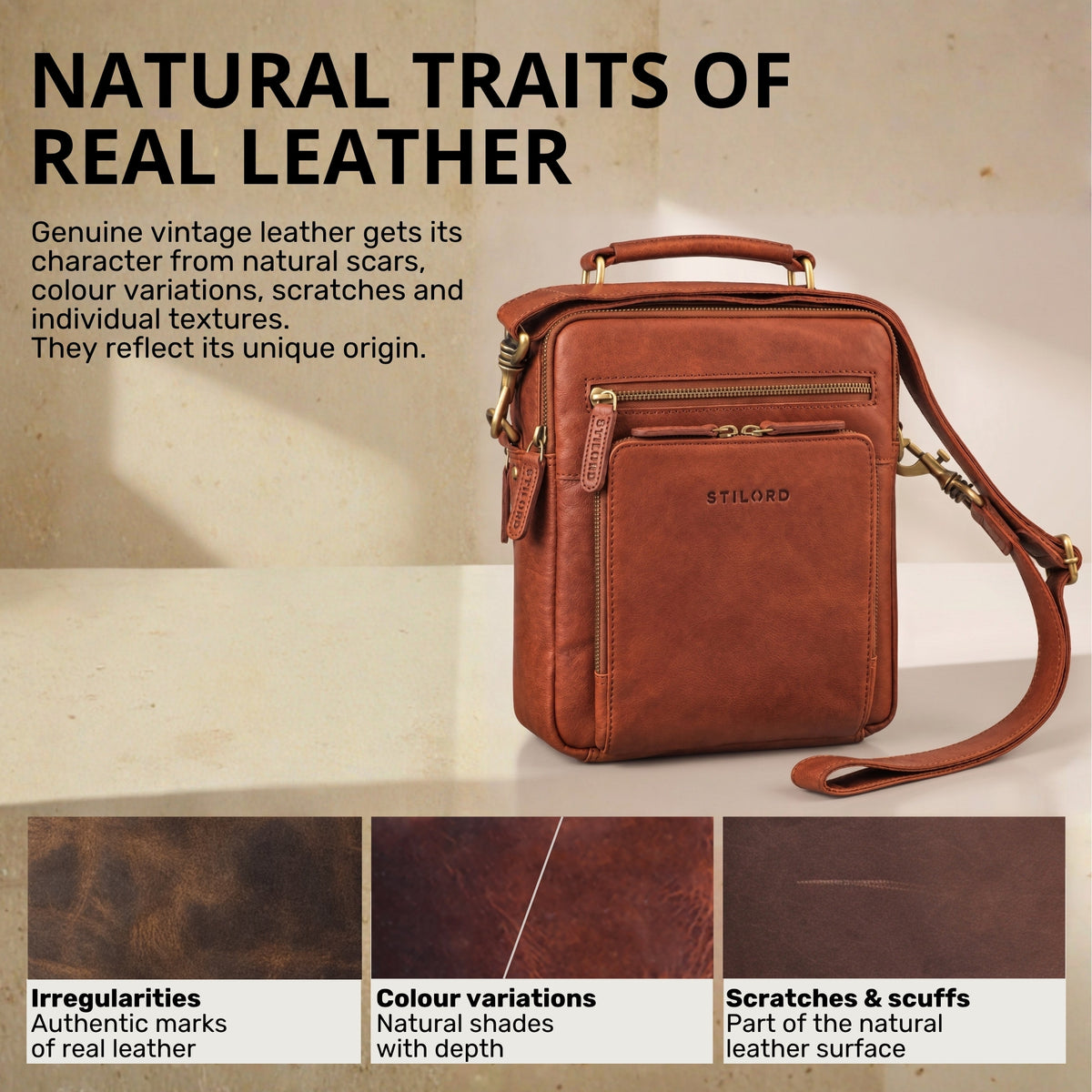 Small men's leather crossbody bag in maraska brown, front view with handle and shoulder strap, STILORD embossing, fits 10.1 inch tablet