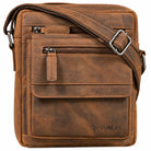 Flat men's leather crossbody in bergamo brown, front zip pockets, flap pocket, adjustable shoulder strap, STILORD embossing