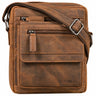 Flat men's leather crossbody in bergamo brown, front zip pockets, flap pocket, adjustable shoulder strap, STILORD embossing