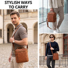 Small leather crossbody bag in maraska brown, front and side views with handle and shoulder strap, STILORD embossed
