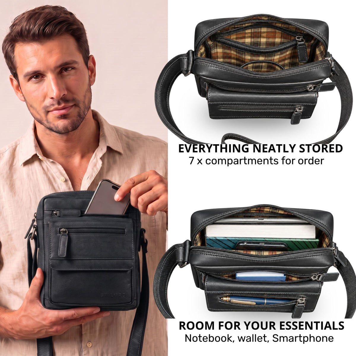 Small black leather crossbody bag held by man, top view of open compartments showing multiple pockets and room for 8-inch tablet