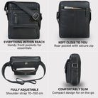 Small black leather shoulder bag shown in four views: front pockets, rear zip pocket, adjustable strap, side profile