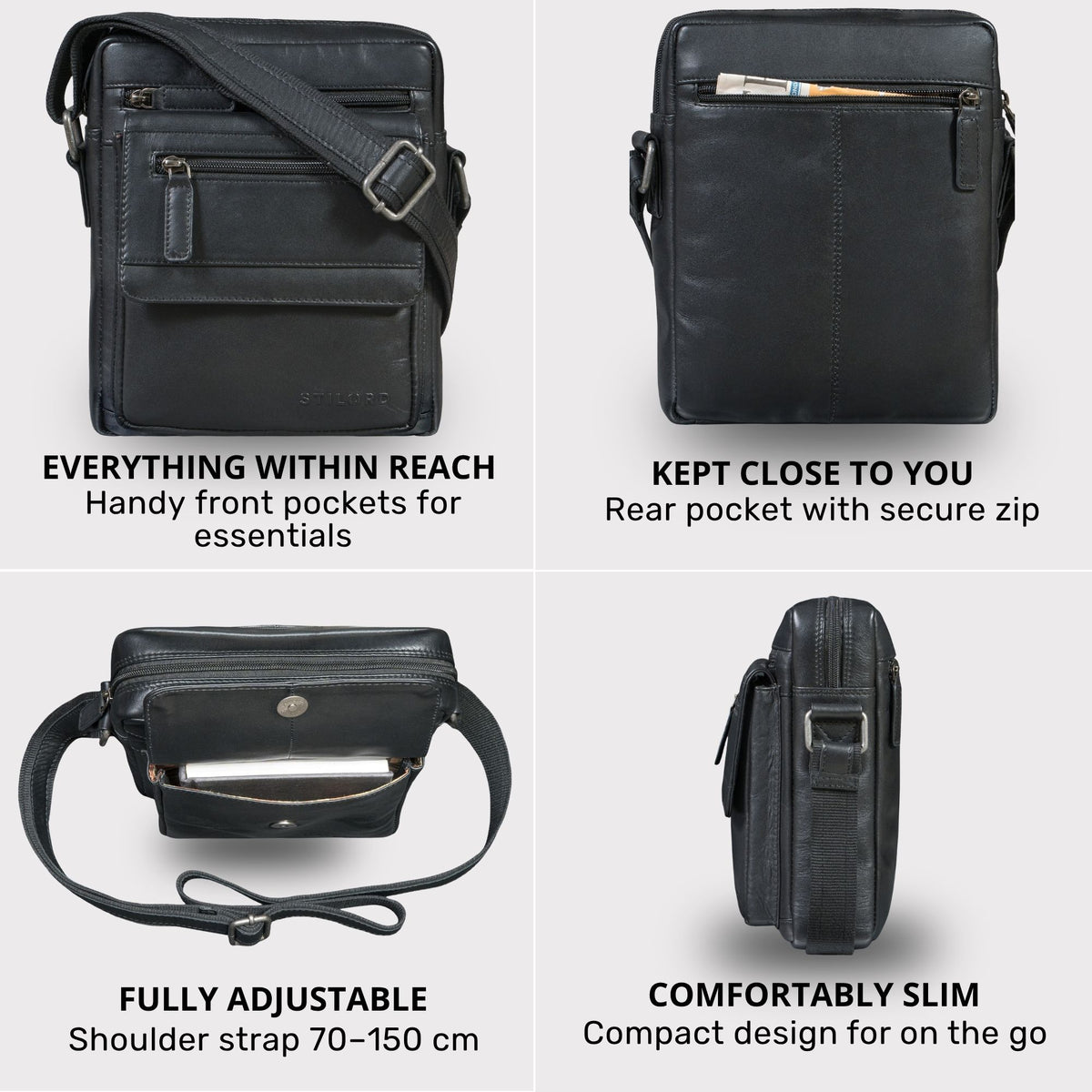 Small black leather shoulder bag shown in four views: front pockets, rear zip pocket, adjustable strap, side profile