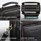 Black leather small crossbody bag with top handle, open compartments with tablet, brass snap hook and water-repellent STILORD embossing