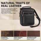 Small men's shoulder bag in black genuine leather, front view with top handle, adjustable strap, front pocket and visible STILORD embossing, fits 10.1-inch tablet