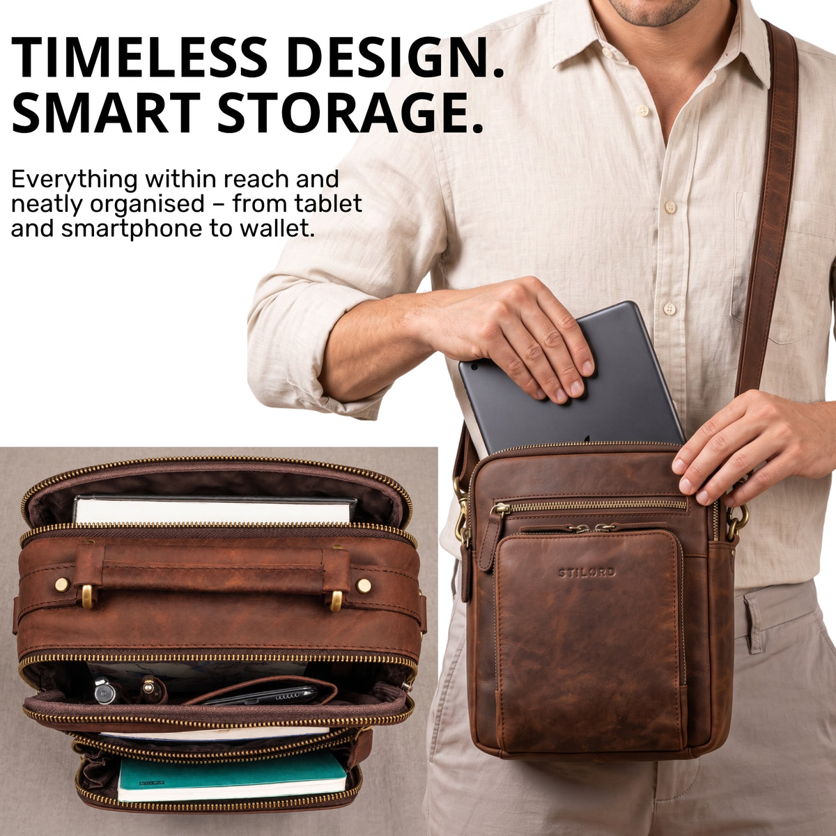 Small leather crossbody bag zamora brown with top handle, man inserts 10.1in tablet into main compartment, visible STILORD embossing